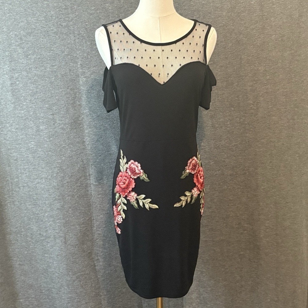 Black Embroidered Mesh Yoke Cold-Shoulder Dress
